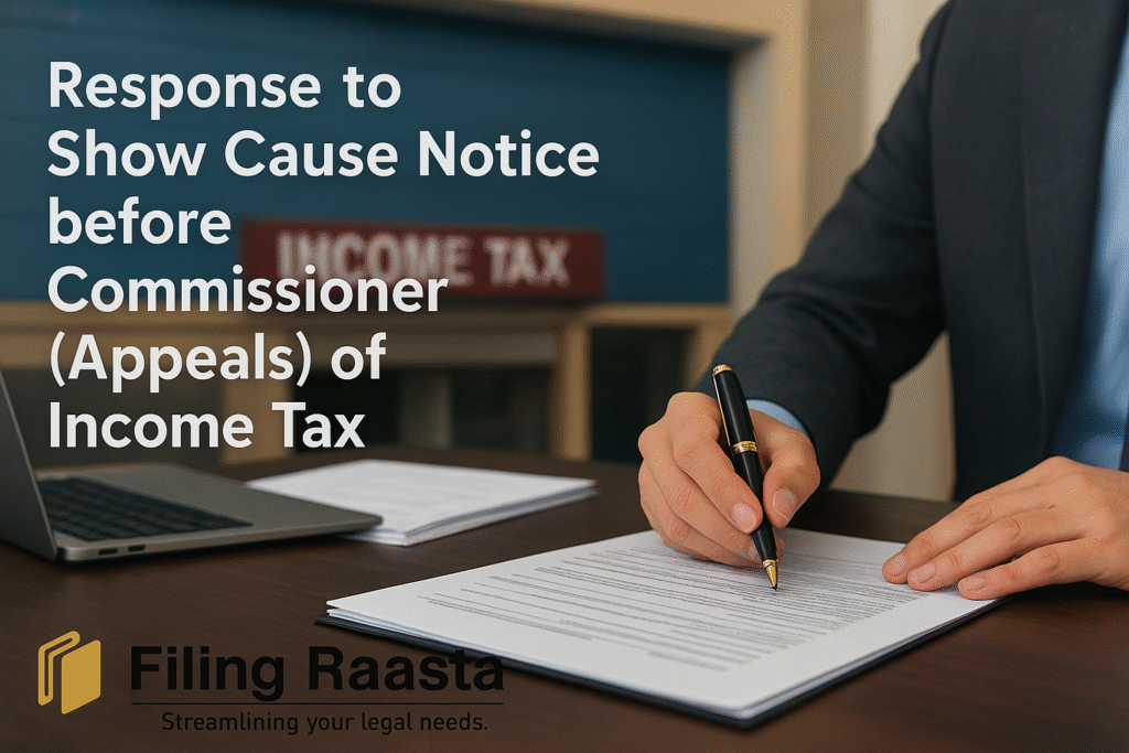 A professional writing a response to an Income Tax Show Cause Notice with the Filing Raasta logo and Income Tax Department background.