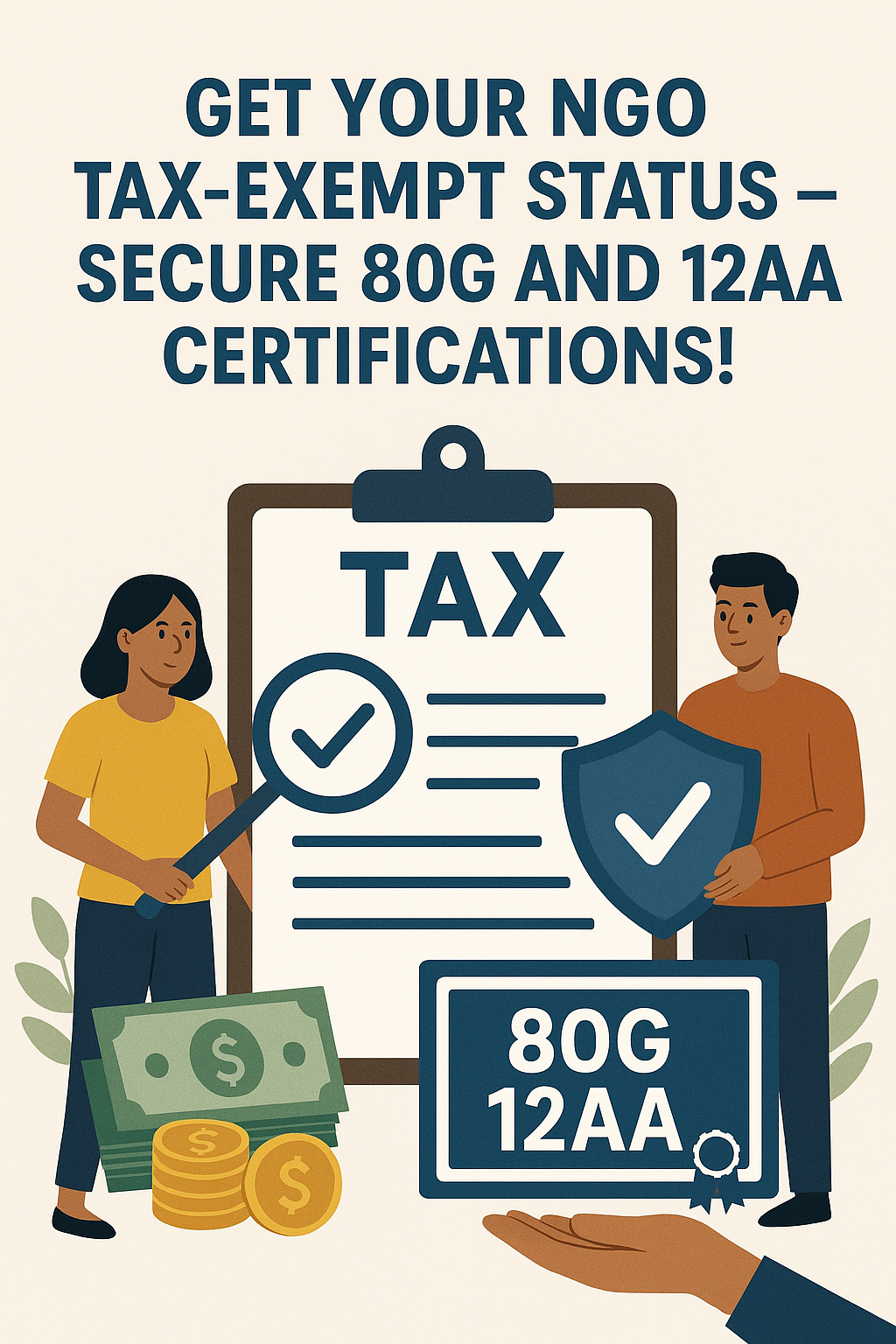 NGO tax-exempt status graphic promoting 80G and 12AA certifications for non-profits to get tax benefits in India.