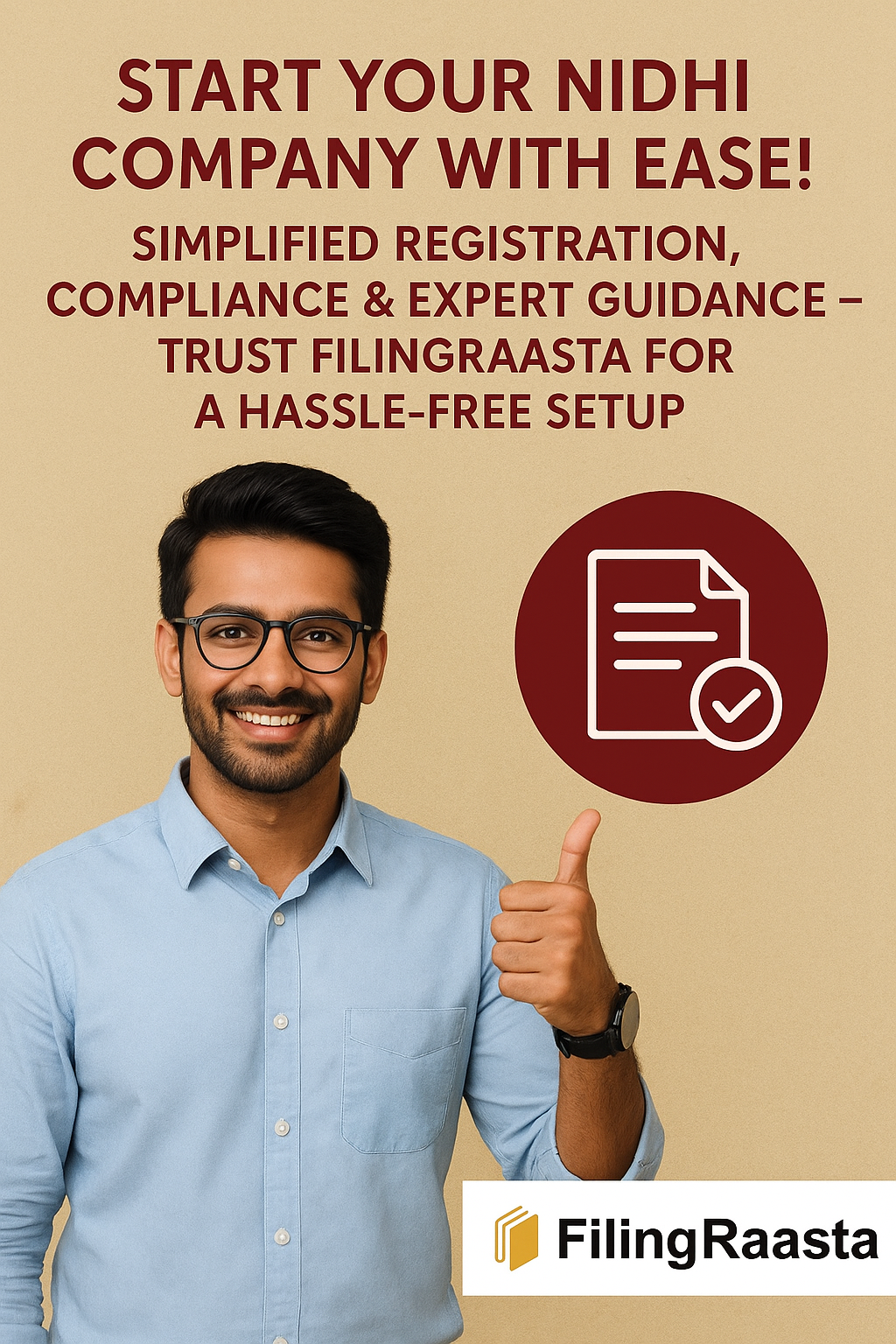Smiling young professional giving a thumbs-up with text promoting Nidhi Company registration services by FilingRaasta, featuring simplified registration, compliance, and expert guidance.