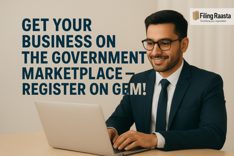 A young professional in a suit working on a laptop with text promoting GEM registration and FilingRaasta logo in the corner.