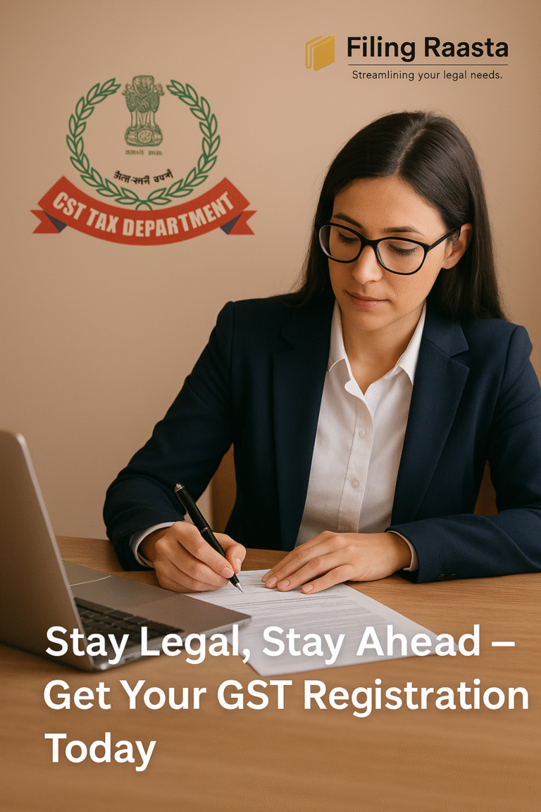 A professional woman completing GST registration paperwork at a desk, with Filing Raasta logo and GST Tax Department emblem in the background, along with the quote “Stay Legal, Stay Ahead – Get Your GST Registration Today