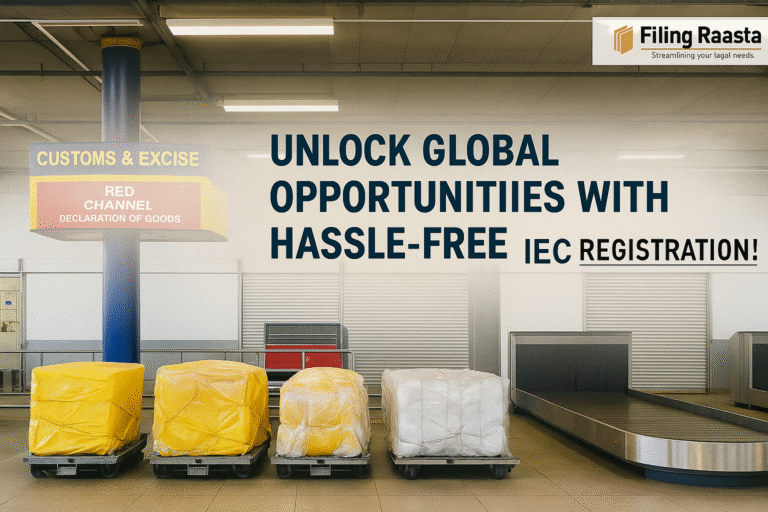 Airport customs area with cargo pallets and text promoting hassle-free IEC Registration, featuring the FilingRaasta logo.