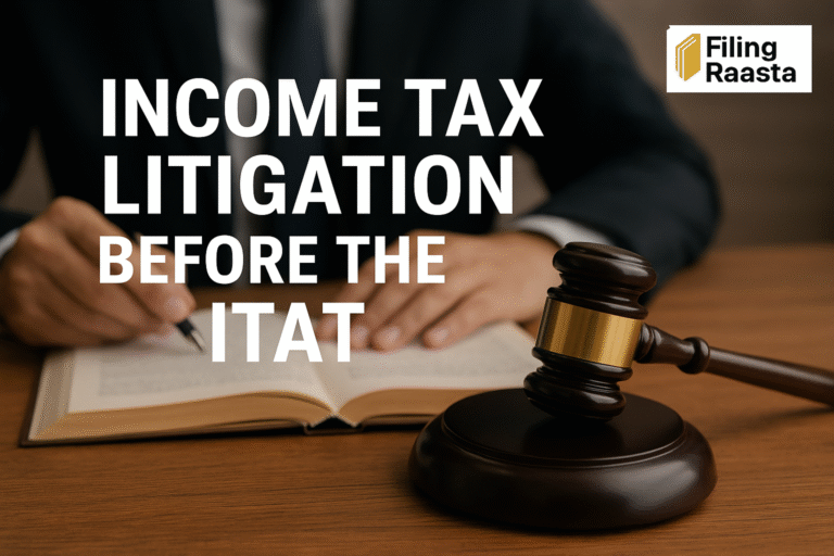 Income tax litigation before the ITAT with gavel, open book, and Filing Raasta logo.