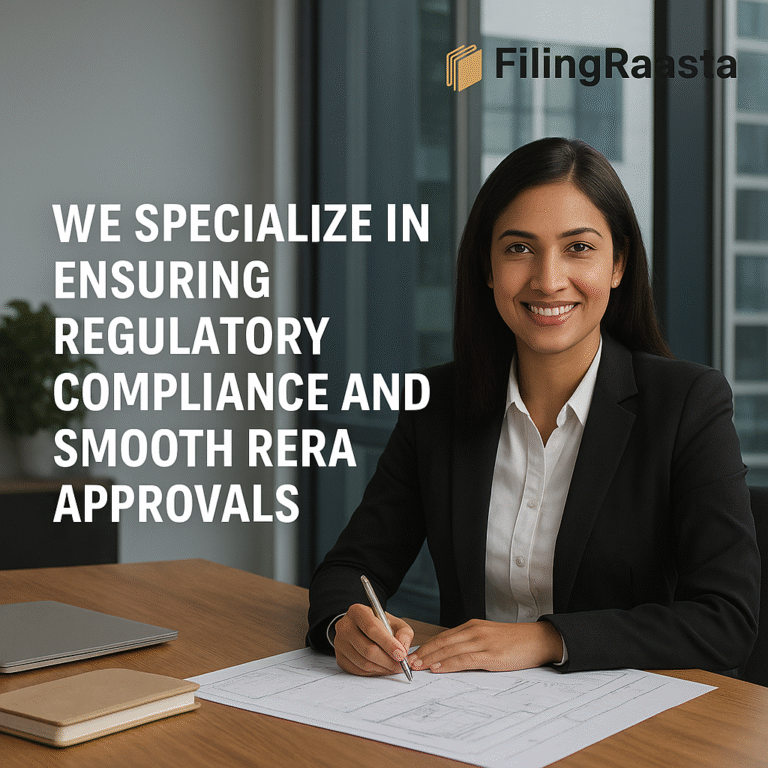 A professional woman in a business suit sitting at a desk with documents, symbolizing RERA compliance and approvals with FilingRaasta.