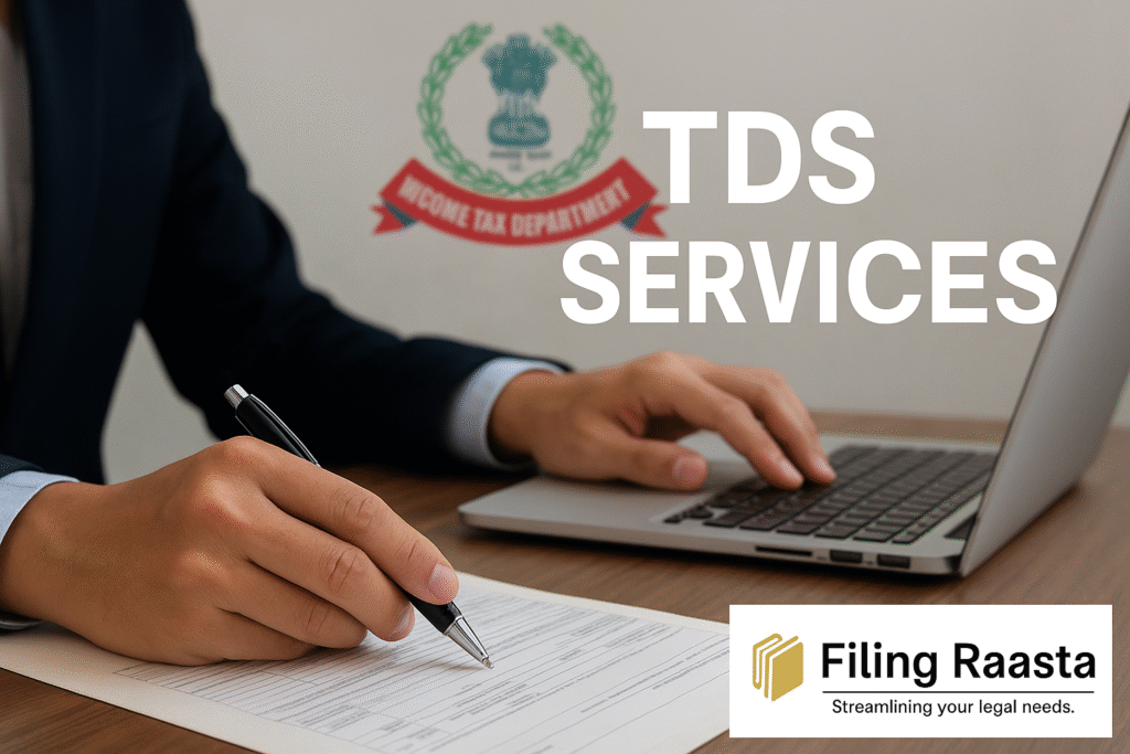 A professional working on TDS documents with a laptop, pen, and the Filing Raasta logo, with the Income Tax Department emblem in the background.