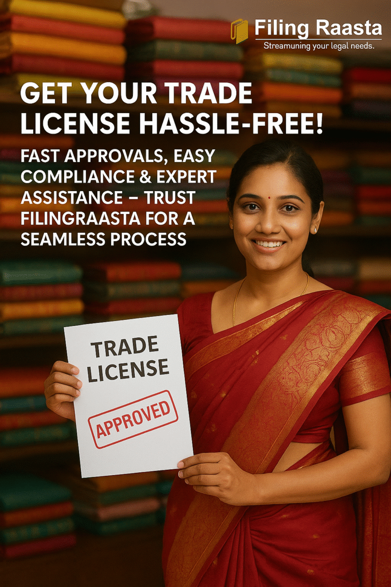 Woman in a saree holding an approved trade license in a saree shop, representing hassle-free trade license services by Filing Raasta.