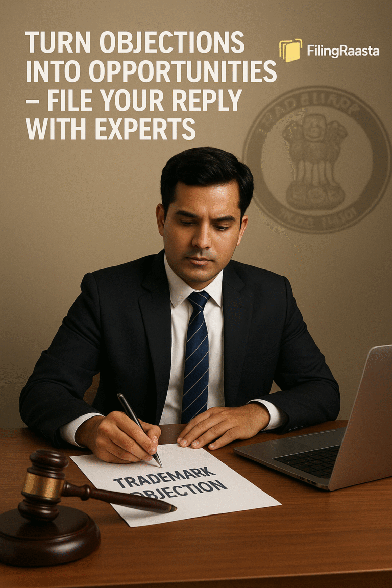 Professional digital advertisement for FilingRaasta, highlighting Trademark Objection Reply services in India with expert consultation.