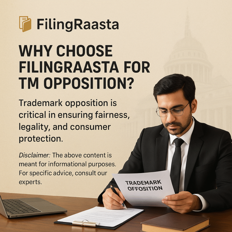 HD promotional image showcasing FilingRaasta’s Trademark Opposition services in India, with a professional legal theme and FilingRaasta logo.