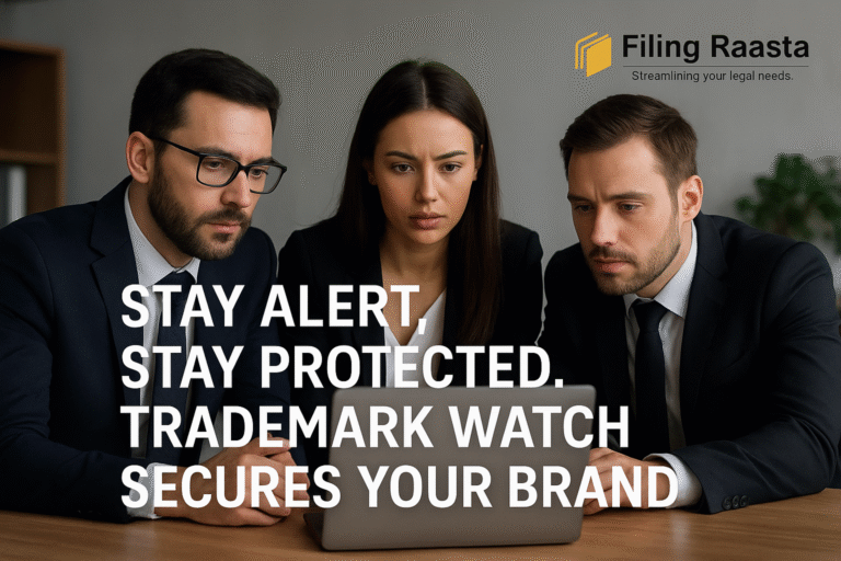 Three lawyers reviewing trademark notifications on a laptop with Filing Raasta logo, promoting trademark watch services.