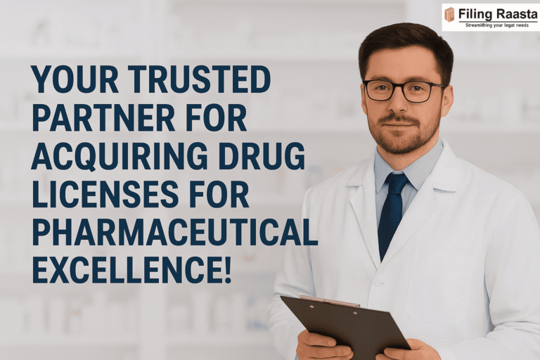 Professional doctor holding a clipboard with text "Your trusted partner for acquiring drug licenses for pharmaceutical excellence!" alongside Filing Raasta logo.