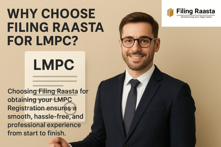 Professional business graphic promoting Filing Raasta’s LMPC registration services with tagline and logo.